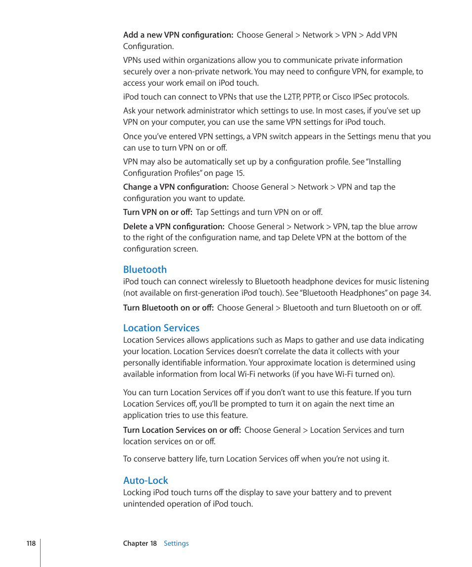 Auto-lock, Bluetooth, Location services | Apple iPod touch iOS 3.1 User Manual | Page 118 / 169