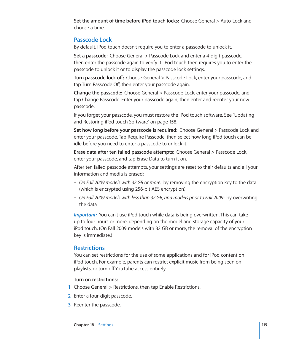 Passcode lock, Restrictions | Apple iPod touch iOS 3.1 User Manual | Page 119 / 169