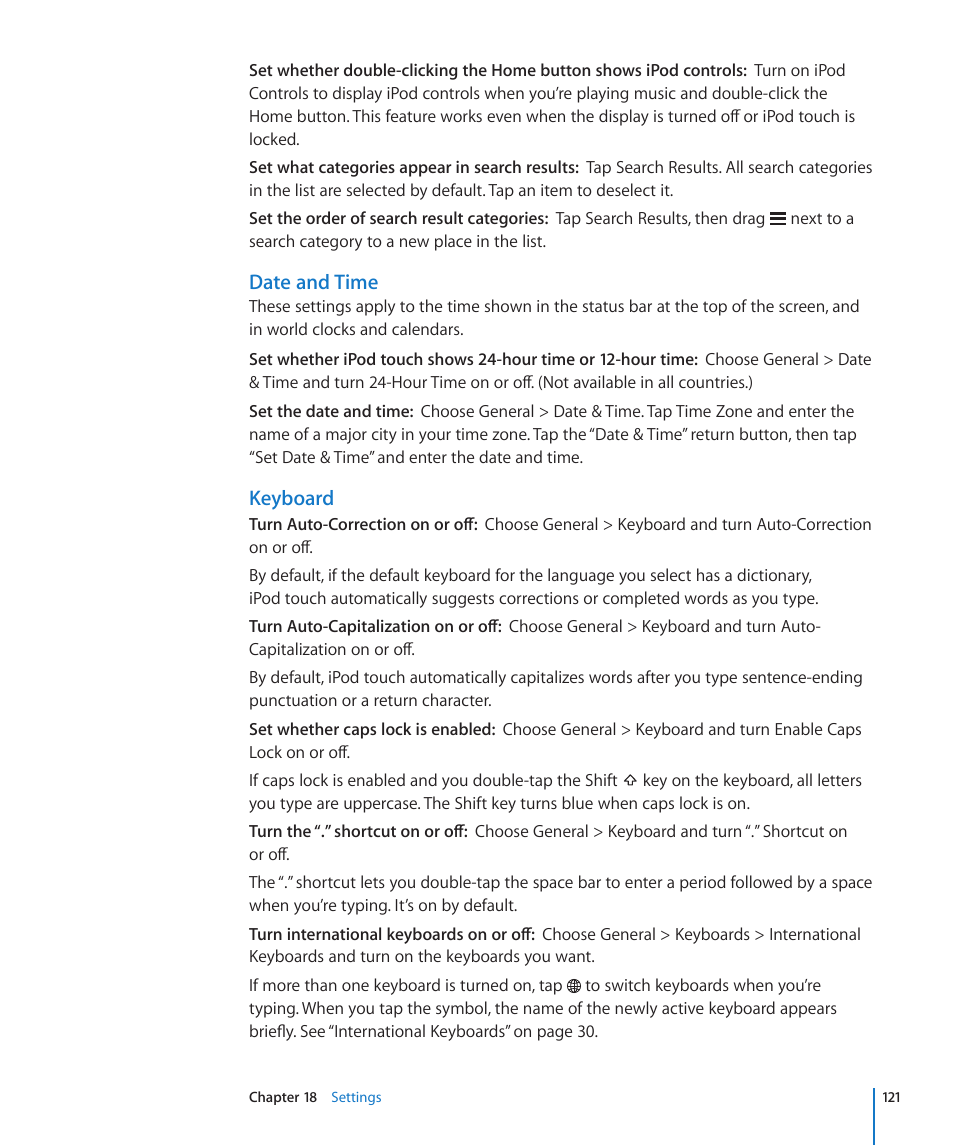 Date and time, Keyboard | Apple iPod touch iOS 3.1 User Manual | Page 121 / 169