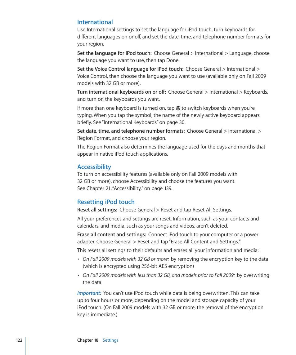 Resetting ipod touch, International, Accessibility | Apple iPod touch iOS 3.1 User Manual | Page 122 / 169
