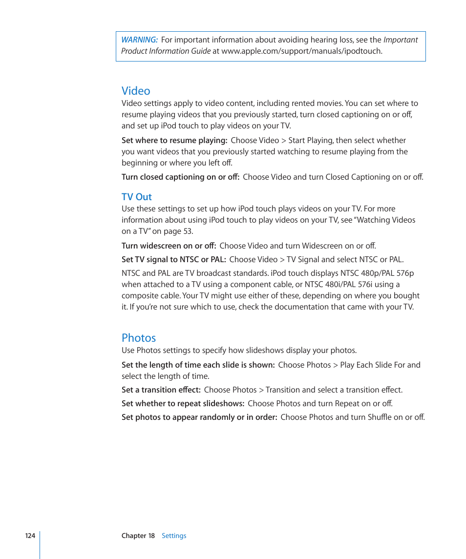 Video, Photos, 124 video 124 photos | Apple iPod touch iOS 3.1 User Manual | Page 124 / 169