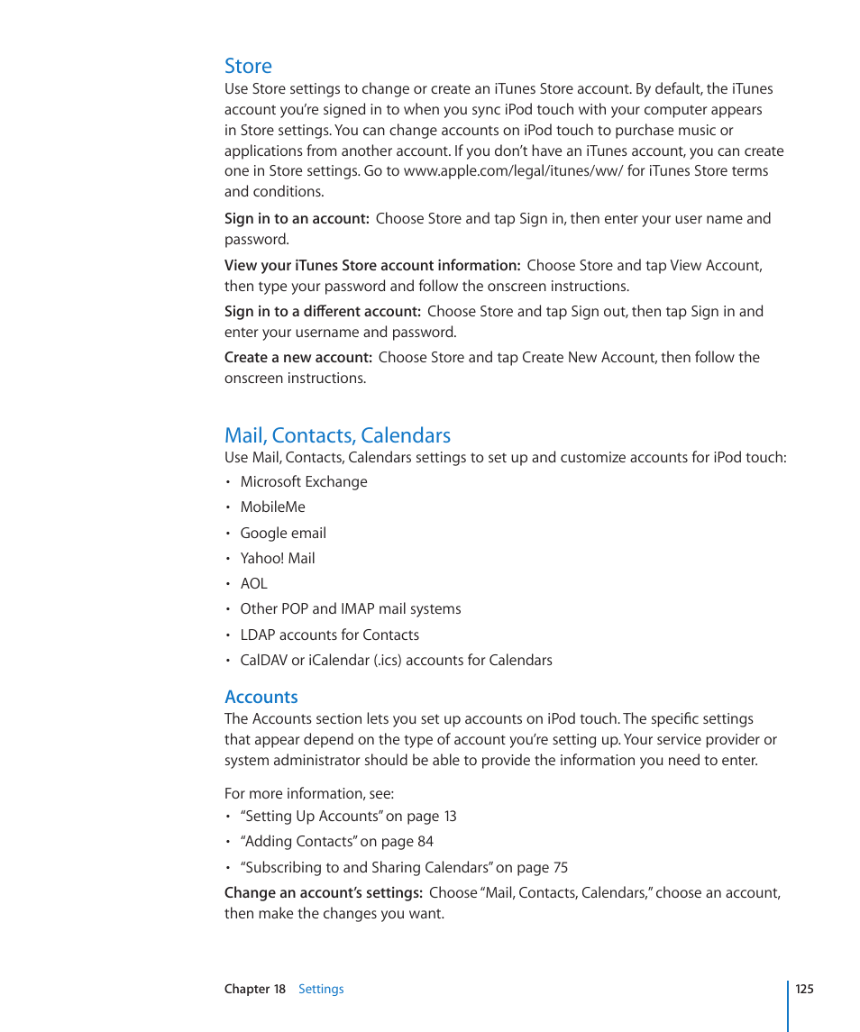 Store, Mail, contacts, calendars, 125 store 125 mail, contacts, calendars | Accounts | Apple iPod touch iOS 3.1 User Manual | Page 125 / 169