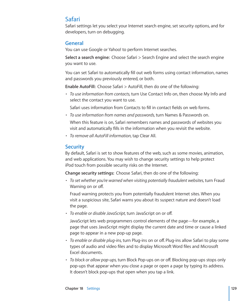 Safari, 129 safari, General | Security | Apple iPod touch iOS 3.1 User Manual | Page 129 / 169