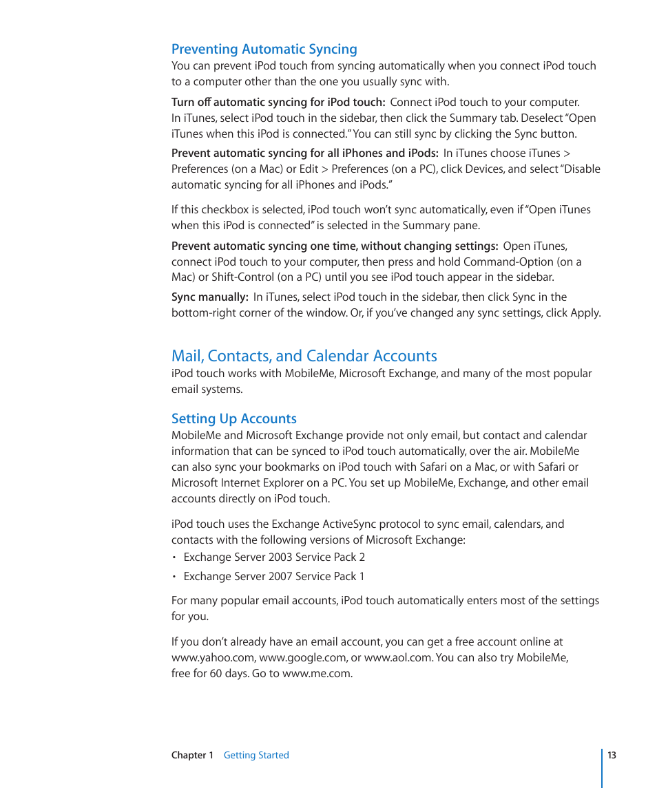 Mail, contacts, and calendar accounts, Preventing automatic syncing, Setting up accounts | Apple iPod touch iOS 3.1 User Manual | Page 13 / 169