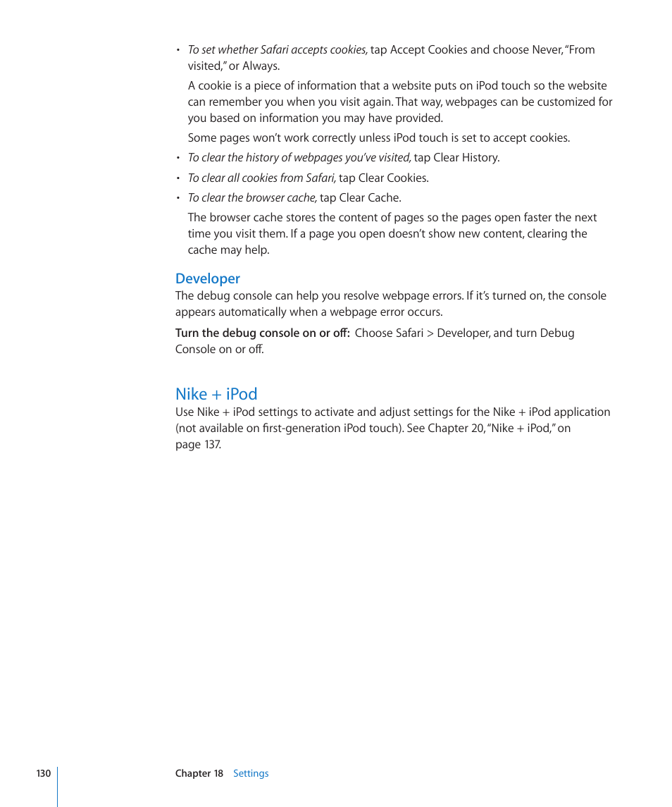 Nike + ipod, 130 nike + ipod, Developer | Apple iPod touch iOS 3.1 User Manual | Page 130 / 169