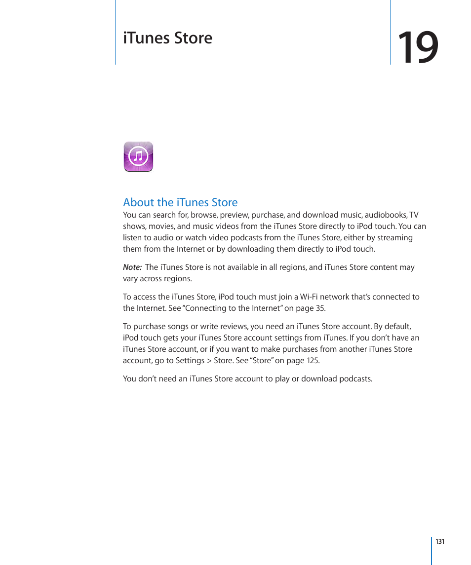 Chapter 19: itunes store, About the itunes store, 131 about the itunes store | Itunes store | Apple iPod touch iOS 3.1 User Manual | Page 131 / 169