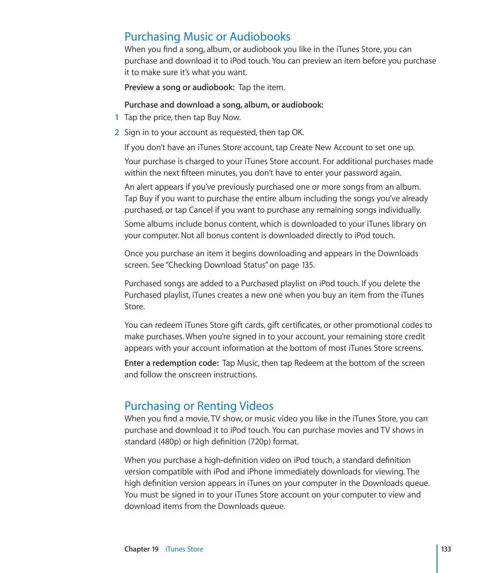 Purchasing music or audiobooks, Purchasing or renting videos | Apple iPod touch iOS 3.1 User Manual | Page 133 / 169