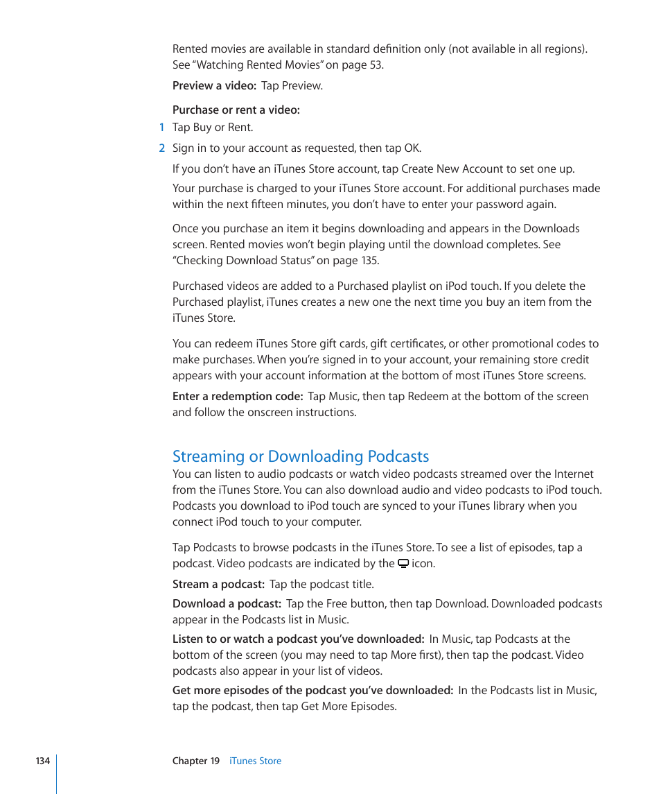 Streaming or downloading podcasts, 134 streaming or downloading podcasts | Apple iPod touch iOS 3.1 User Manual | Page 134 / 169
