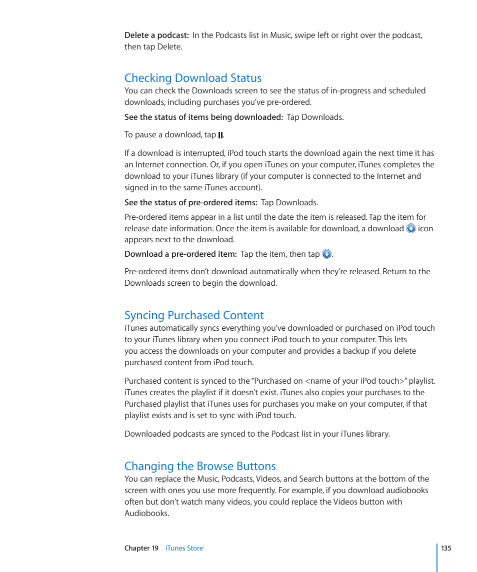 Checking download status, Syncing purchased content, Changing the browse buttons | Apple iPod touch iOS 3.1 User Manual | Page 135 / 169