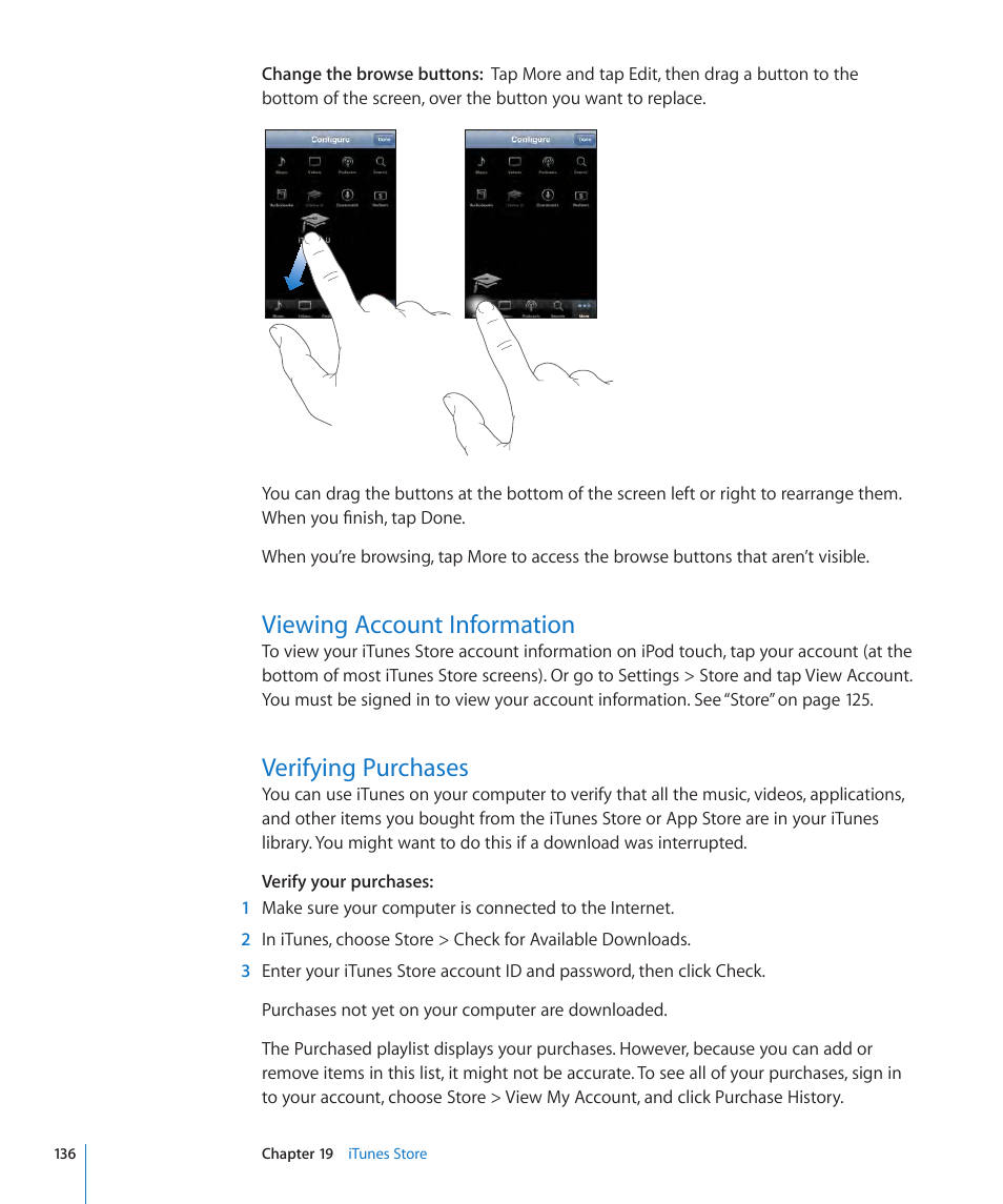 Viewing account information, Verifying purchases | Apple iPod touch iOS 3.1 User Manual | Page 136 / 169