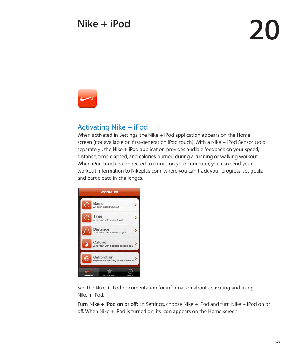 Chapter 20: nike + ipod, Activating nike + ipod, 137 activating nike + ipod | Apple iPod touch iOS 3.1 User Manual | Page 137 / 169