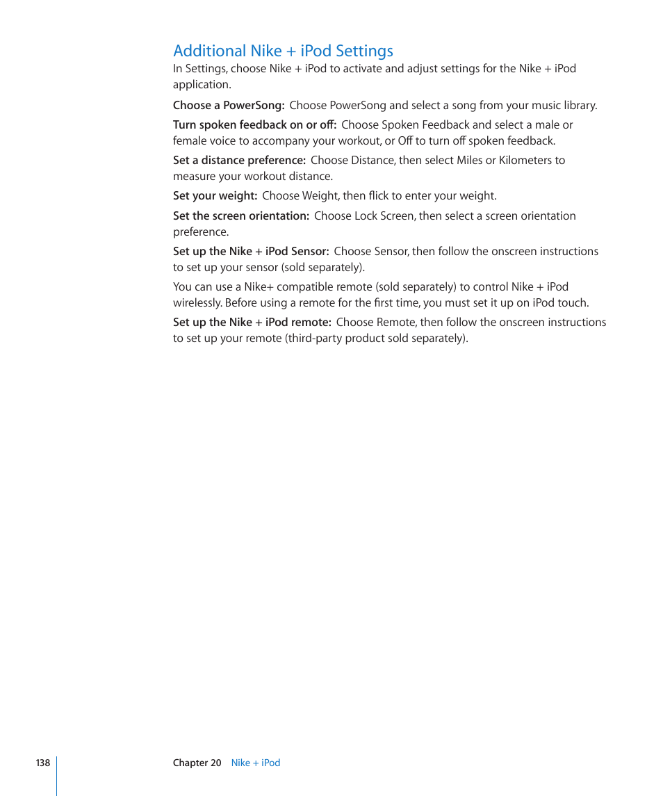 Additional nike + ipod settings, 138 additional nike + ipod settings | Apple iPod touch iOS 3.1 User Manual | Page 138 / 169