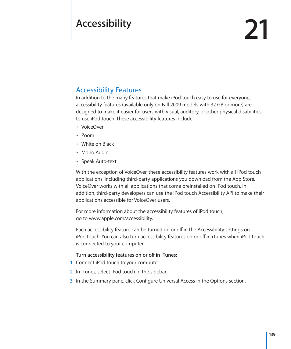 Chapter 21: accessibility, Accessibility features, 139 accessibility features | Accessibility | Apple iPod touch iOS 3.1 User Manual | Page 139 / 169