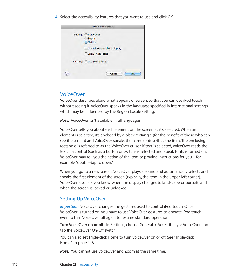 Voiceover, 140 voiceover, Setting up voiceover | Apple iPod touch iOS 3.1 User Manual | Page 140 / 169