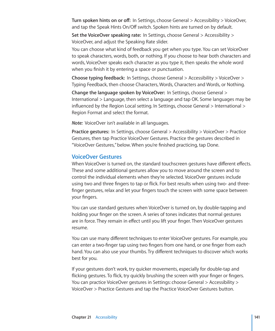 Voiceover gestures | Apple iPod touch iOS 3.1 User Manual | Page 141 / 169