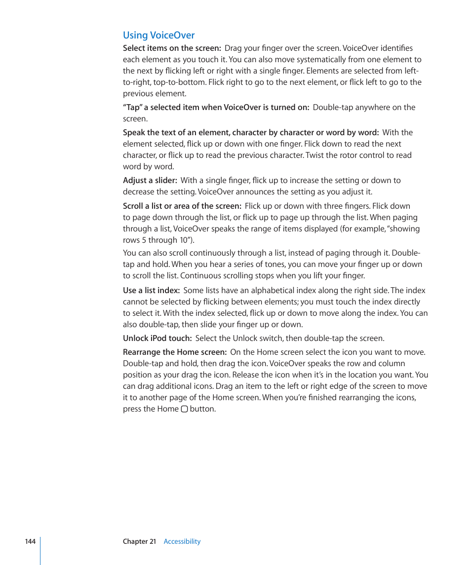 Using voiceover | Apple iPod touch iOS 3.1 User Manual | Page 144 / 169
