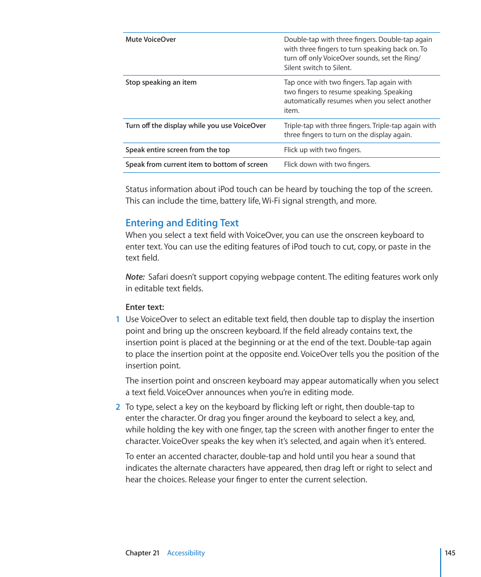 Entering and editing text | Apple iPod touch iOS 3.1 User Manual | Page 145 / 169