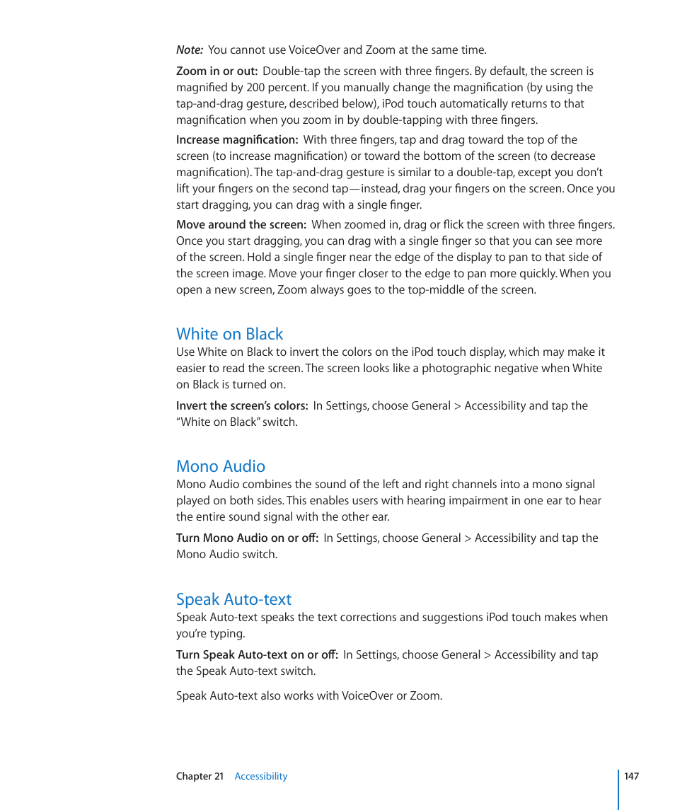 White on black, Mono audio, Speak auto-text | Apple iPod touch iOS 3.1 User Manual | Page 147 / 169