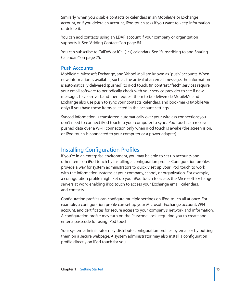 Installing configuration profiles, Push accounts | Apple iPod touch iOS 3.1 User Manual | Page 15 / 169
