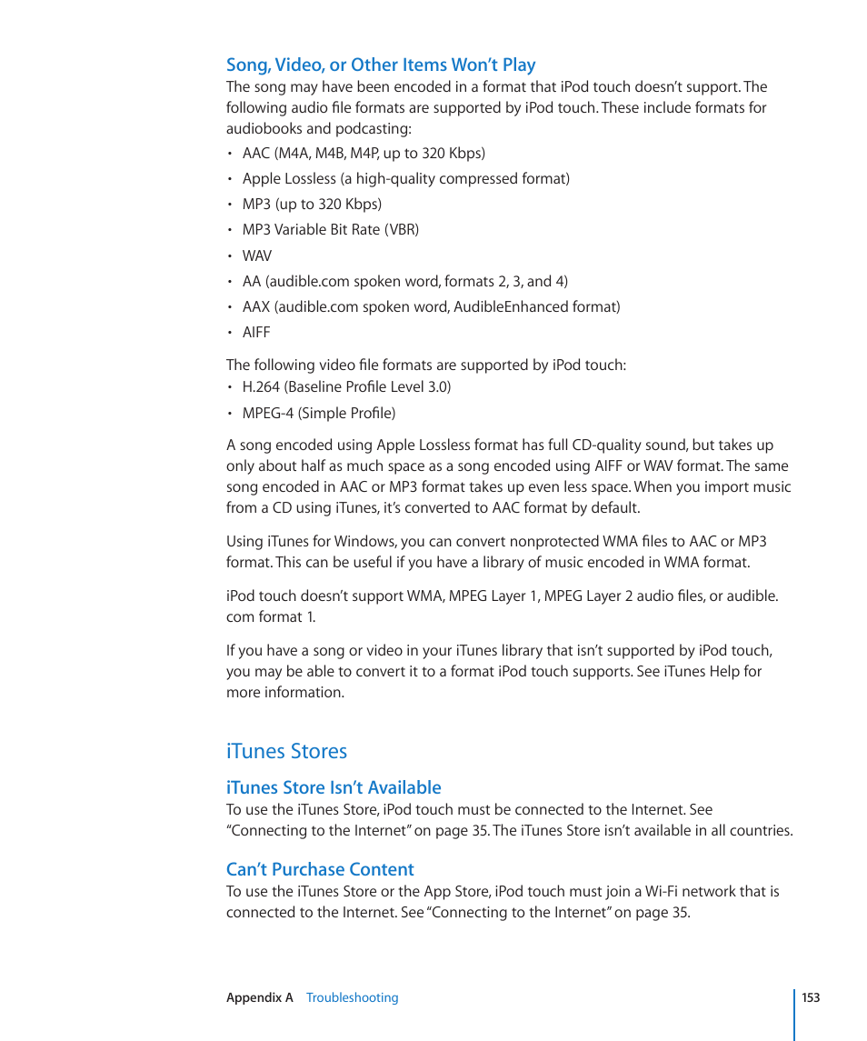 Itunes stores, 153 itunes stores, Song, video, or other items won’t play | Itunes store isn’t available, Can’t purchase content | Apple iPod touch iOS 3.1 User Manual | Page 153 / 169