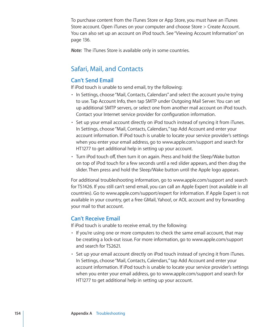 Safari, mail, and contacts, 154 safari, mail, and contacts, Can’t send email | Can’t receive email | Apple iPod touch iOS 3.1 User Manual | Page 154 / 169
