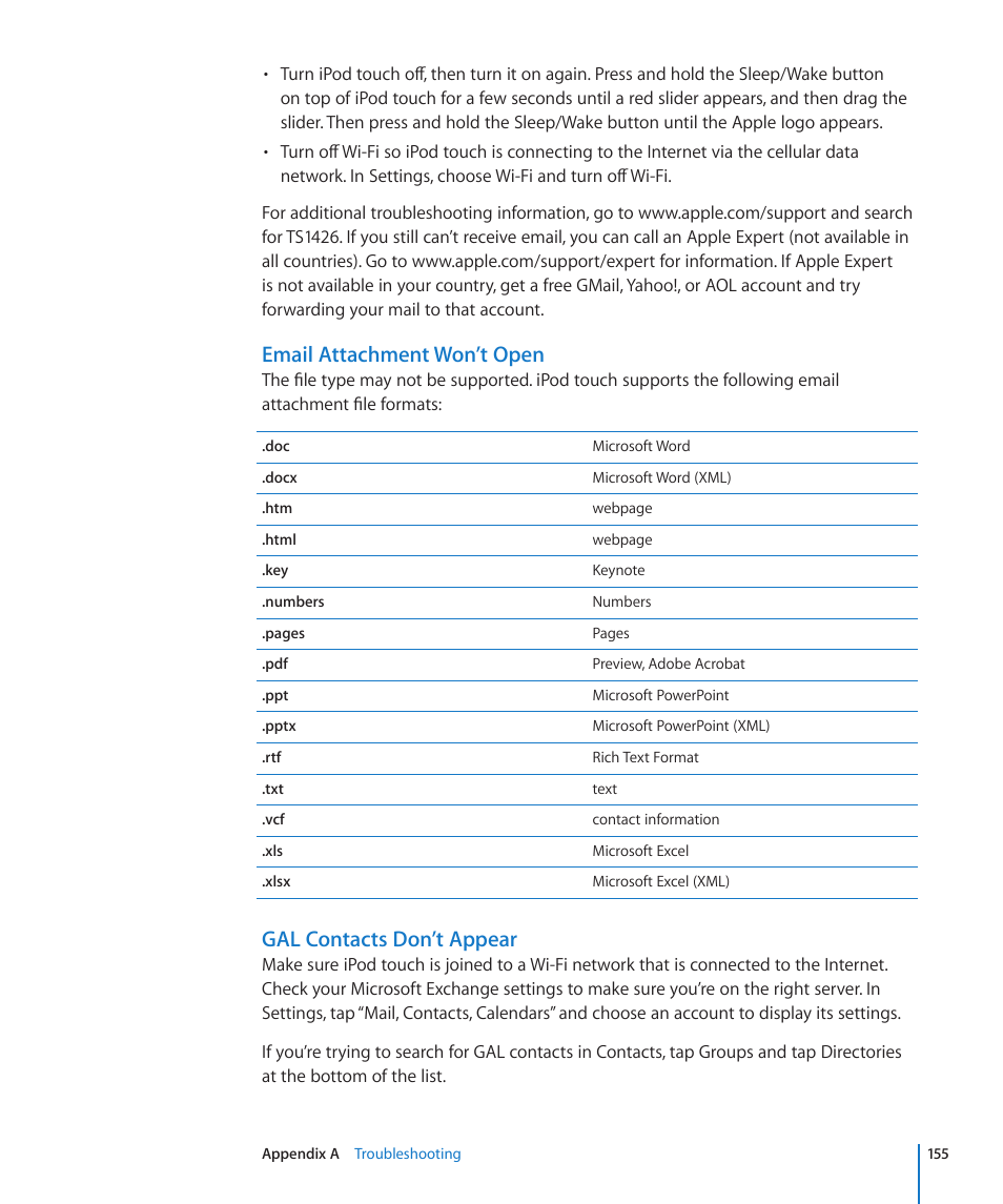 Email attachment won’t open, Gal contacts don’t appear | Apple iPod touch iOS 3.1 User Manual | Page 155 / 169