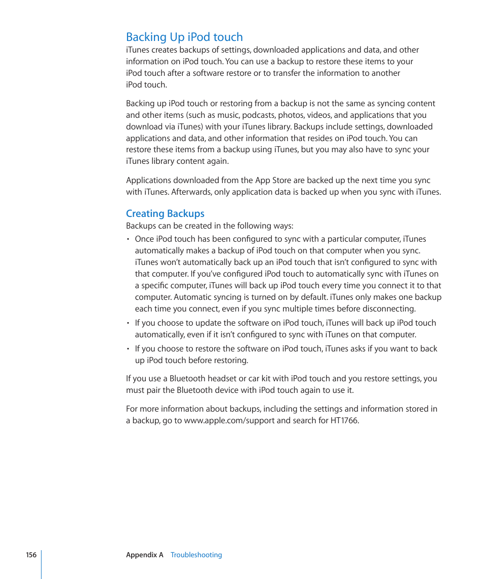 Backing up ipod touch, 156 backing up ipod touch, Creating backups | Apple iPod touch iOS 3.1 User Manual | Page 156 / 169