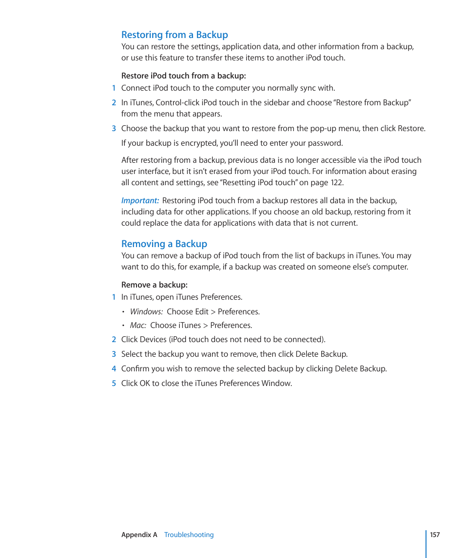 Restoring from a backup, Removing a backup | Apple iPod touch iOS 3.1 User Manual | Page 157 / 169
