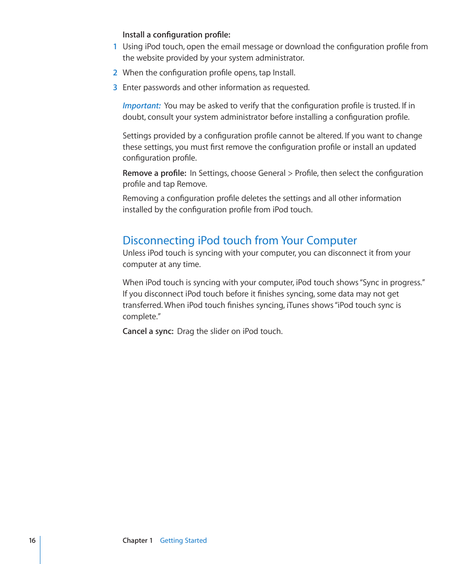 Disconnecting ipod touch from your computer, 16 disconnecting ipod touch from your computer | Apple iPod touch iOS 3.1 User Manual | Page 16 / 169