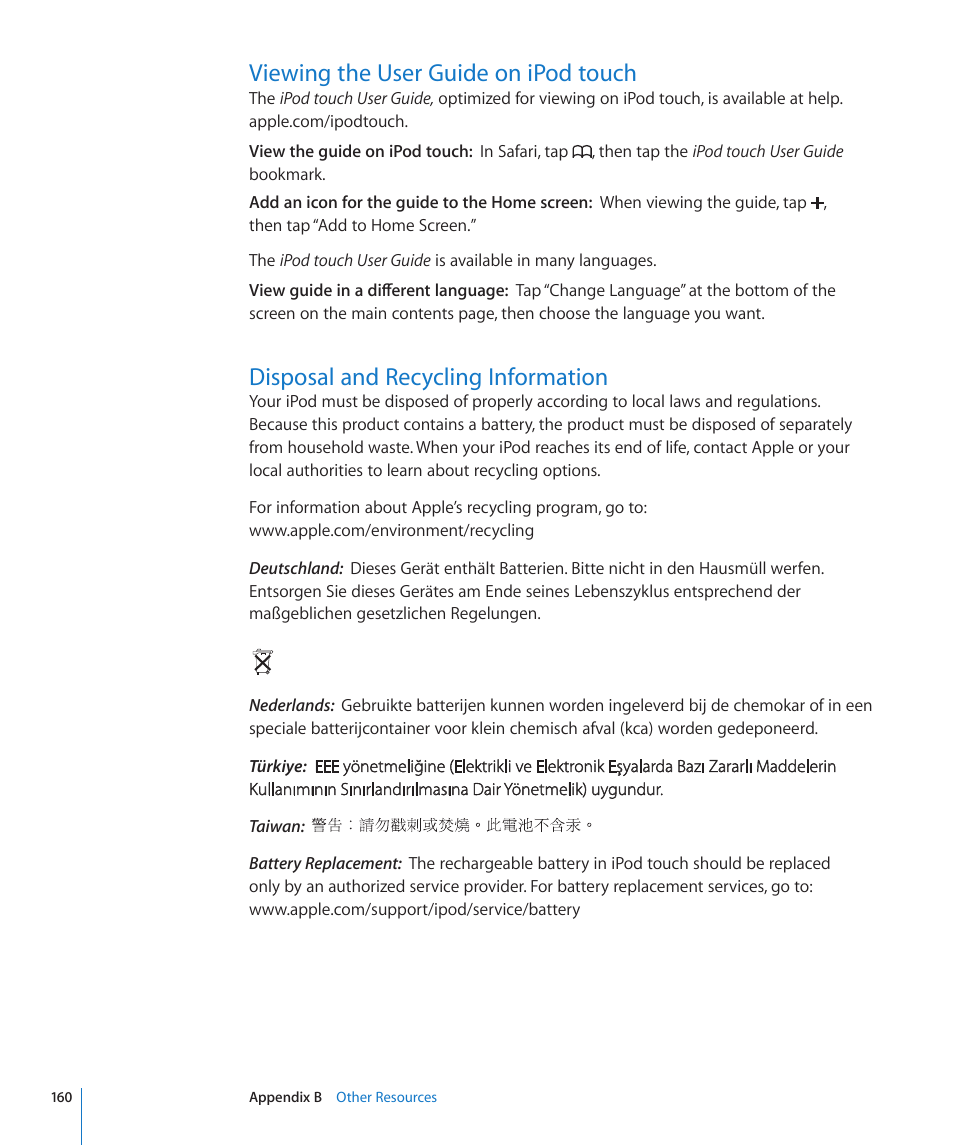 Viewing the user guide on ipod touch, Disposal and recycling information | Apple iPod touch iOS 3.1 User Manual | Page 160 / 169