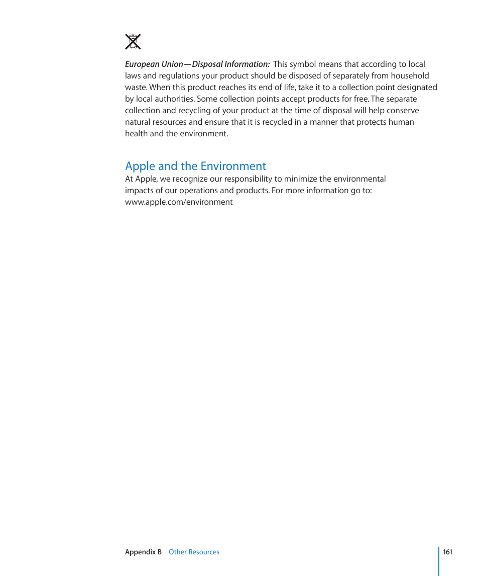 Apple and the environment, 161 apple and the environment | Apple iPod touch iOS 3.1 User Manual | Page 161 / 169