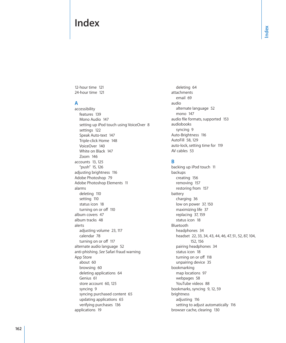 Index | Apple iPod touch iOS 3.1 User Manual | Page 162 / 169