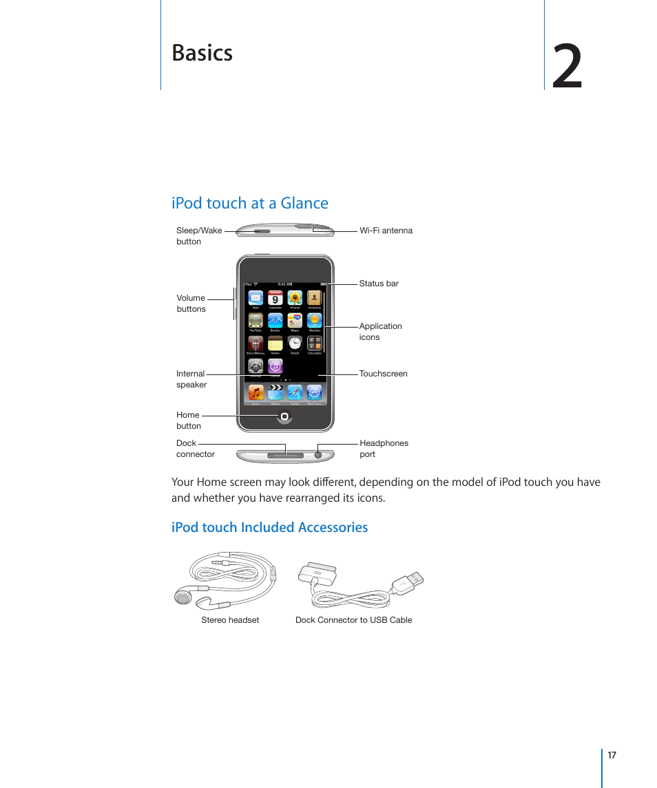 Chapter 2: basics, Ipod touch at a glance, Basics | Apple iPod touch iOS 3.1 User Manual | Page 17 / 169