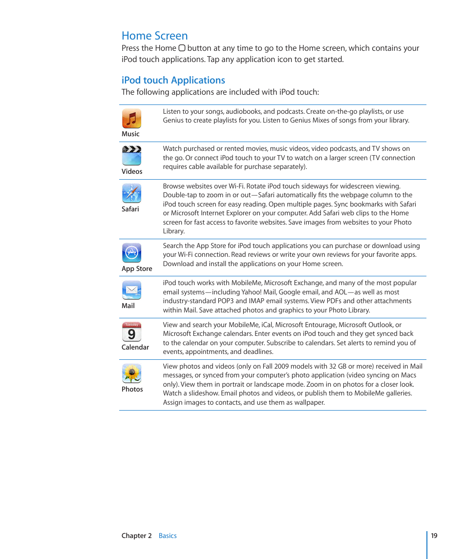 Home screen, Ipod touch applications | Apple iPod touch iOS 3.1 User Manual | Page 19 / 169