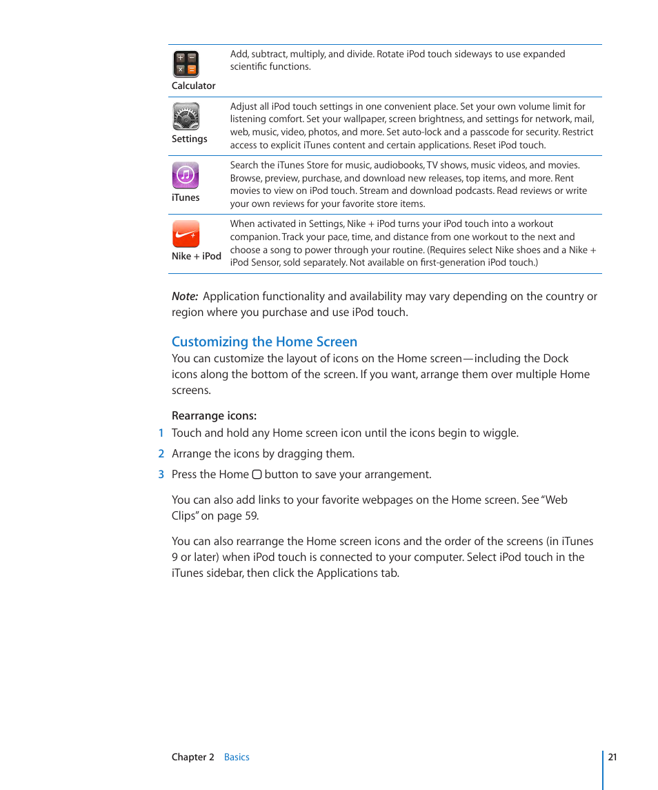 Customizing the home screen | Apple iPod touch iOS 3.1 User Manual | Page 21 / 169