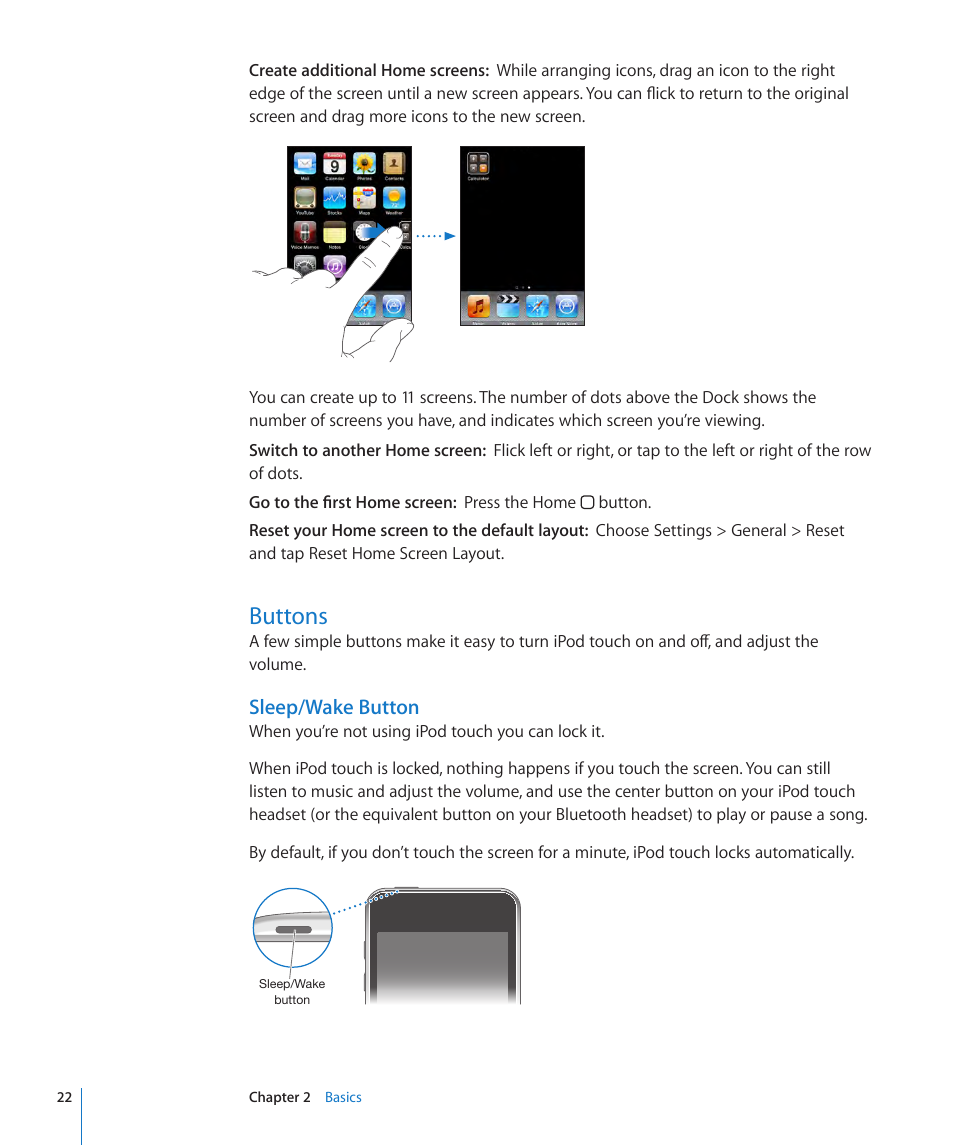 Buttons, 22 buttons, Sleep/wake button | Apple iPod touch iOS 3.1 User Manual | Page 22 / 169