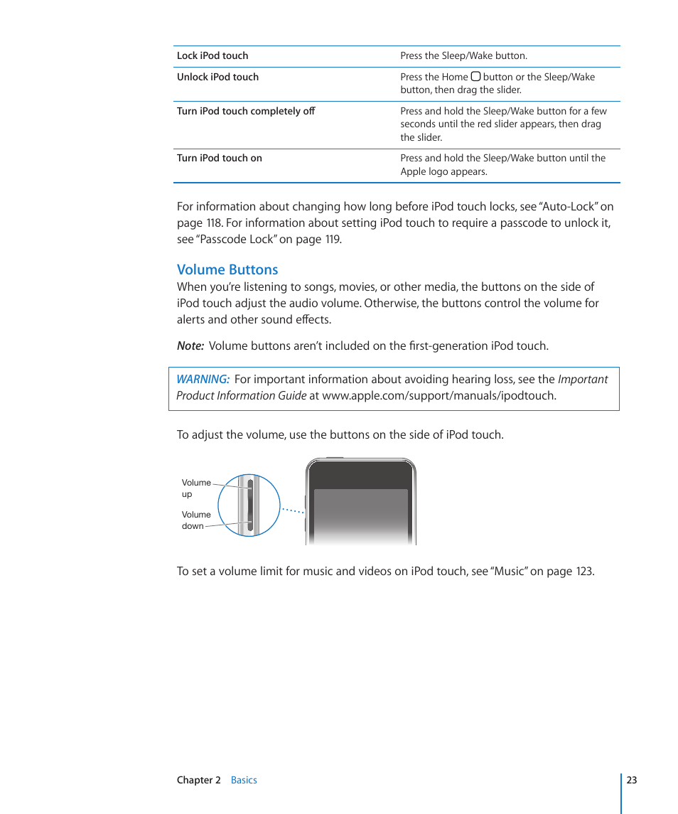 Volume buttons | Apple iPod touch iOS 3.1 User Manual | Page 23 / 169