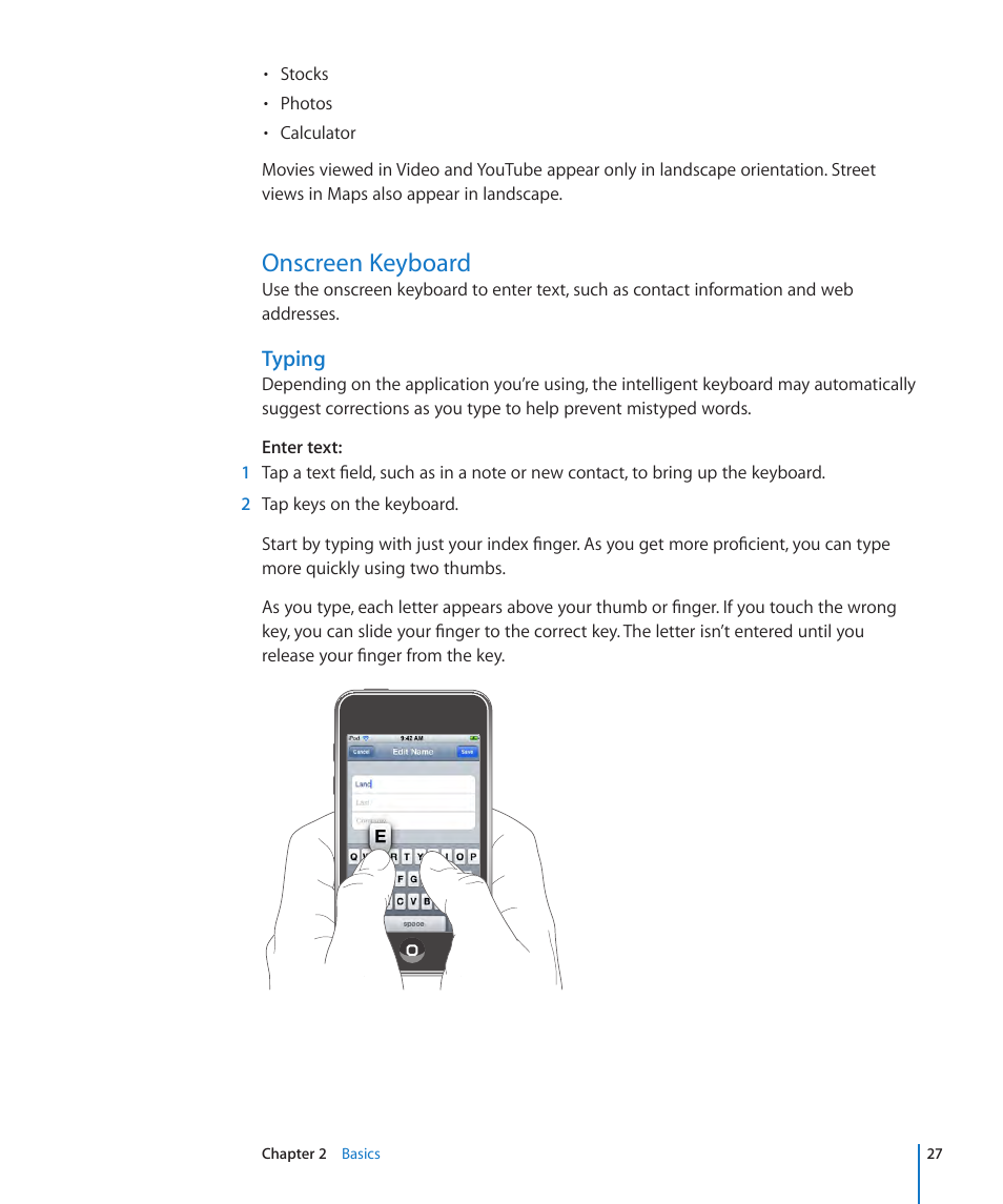 Onscreen keyboard, 27 onscreen keyboard, Typing | Apple iPod touch iOS 3.1 User Manual | Page 27 / 169