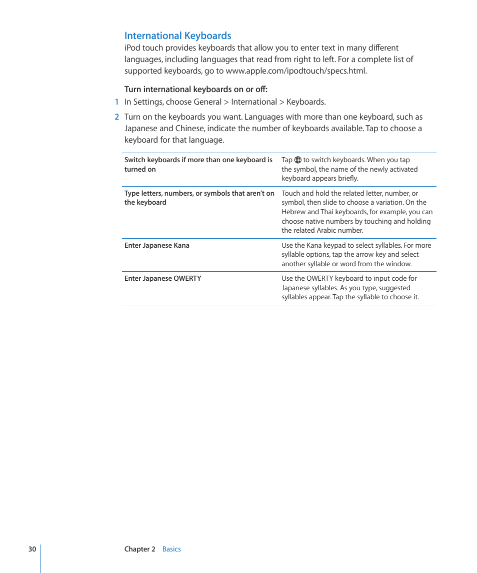 International keyboards | Apple iPod touch iOS 3.1 User Manual | Page 30 / 169
