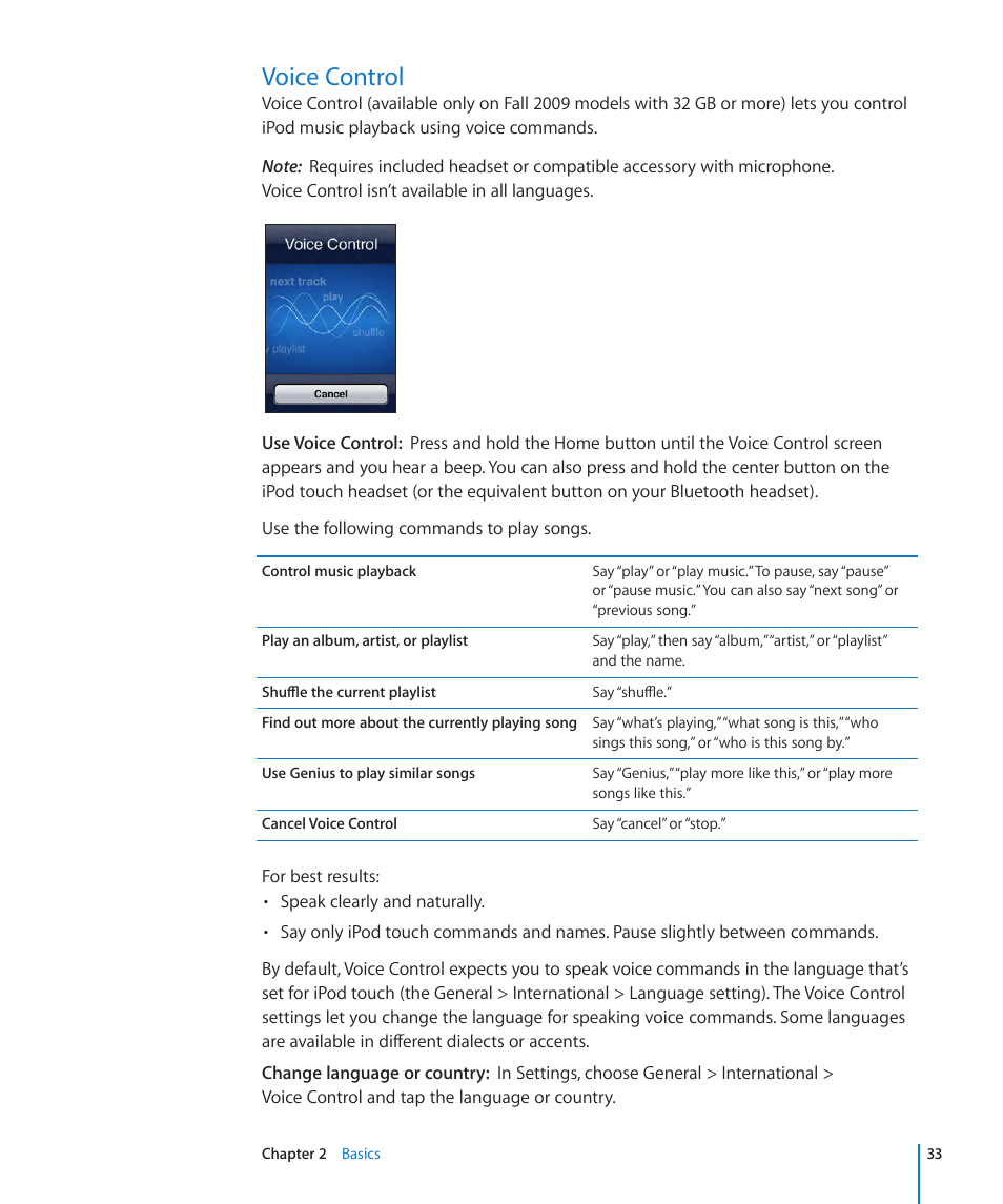 Voice control, 33 voice control | Apple iPod touch iOS 3.1 User Manual | Page 33 / 169