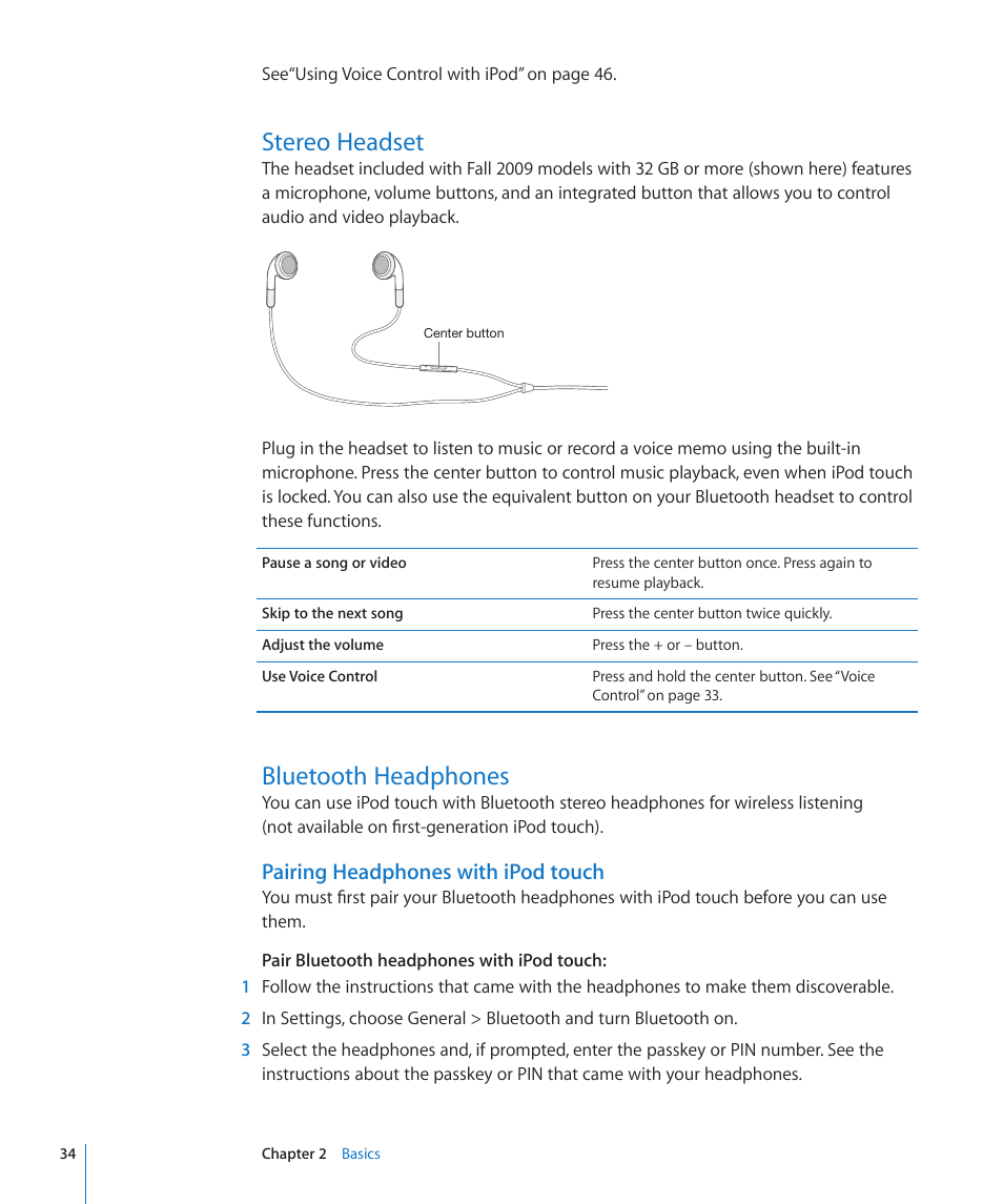 Stereo headset, Bluetooth headphones, 34 stereo headset 34 bluetooth headphones | Pairing headphones with ipod touch | Apple iPod touch iOS 3.1 User Manual | Page 34 / 169