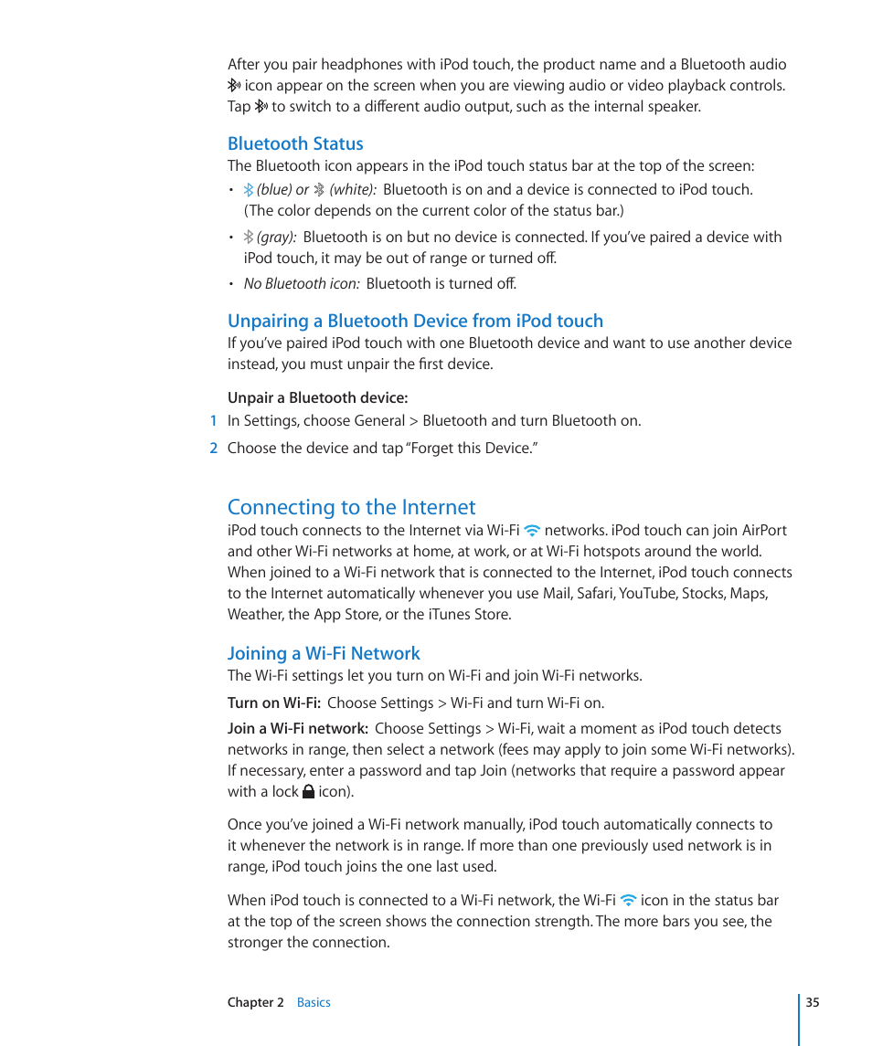 Connecting to the internet, 35 connecting to the internet, Joining a wi-fi network | Bluetooth status, Unpairing a bluetooth device from ipod touch | Apple iPod touch iOS 3.1 User Manual | Page 35 / 169