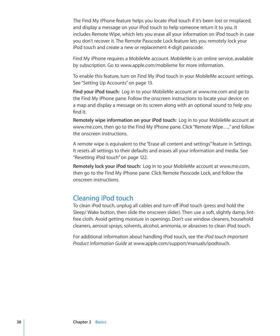 Cleaning ipod touch, 38 cleaning ipod touch | Apple iPod touch iOS 3.1 User Manual | Page 38 / 169