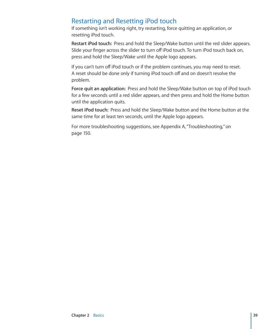 Restarting and resetting ipod touch, 39 restarting and resetting ipod touch | Apple iPod touch iOS 3.1 User Manual | Page 39 / 169