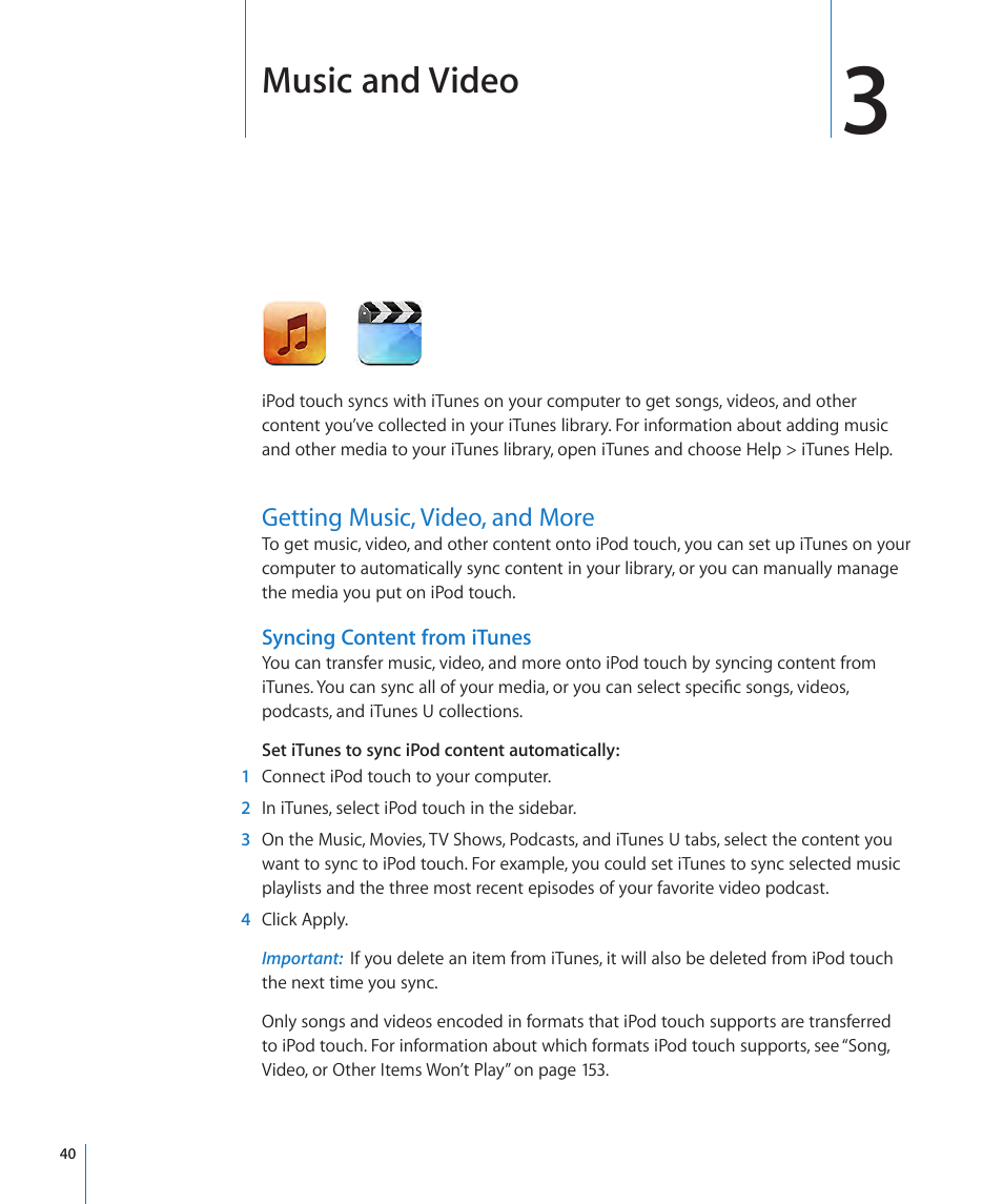 Chapter 3: music and video, Getting music, video, and more, 40 getting music, video, and more | Music and video | Apple iPod touch iOS 3.1 User Manual | Page 40 / 169