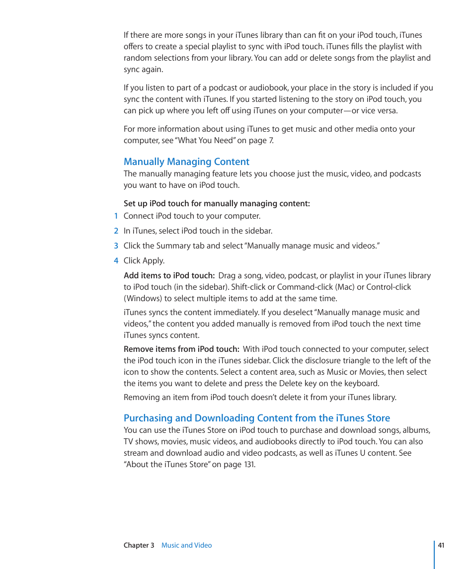 Manually managing content | Apple iPod touch iOS 3.1 User Manual | Page 41 / 169
