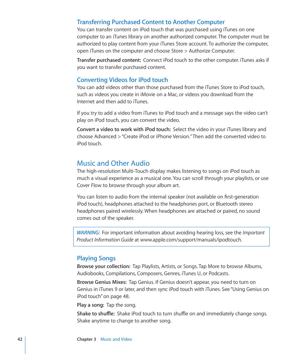 Music and other audio, 42 music and other audio, Playing songs | Apple iPod touch iOS 3.1 User Manual | Page 42 / 169