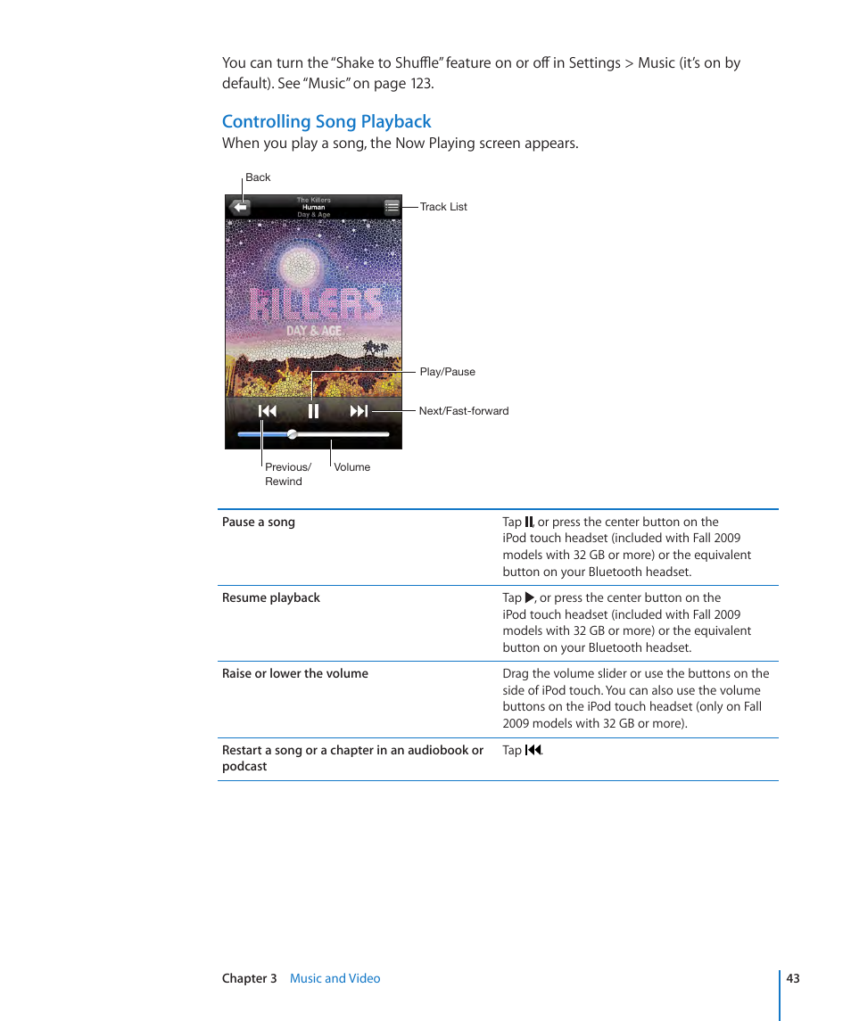 Controlling song playback | Apple iPod touch iOS 3.1 User Manual | Page 43 / 169