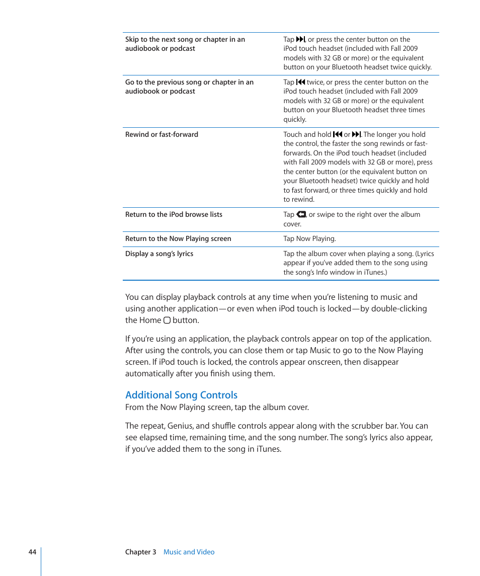 Additional song controls | Apple iPod touch iOS 3.1 User Manual | Page 44 / 169