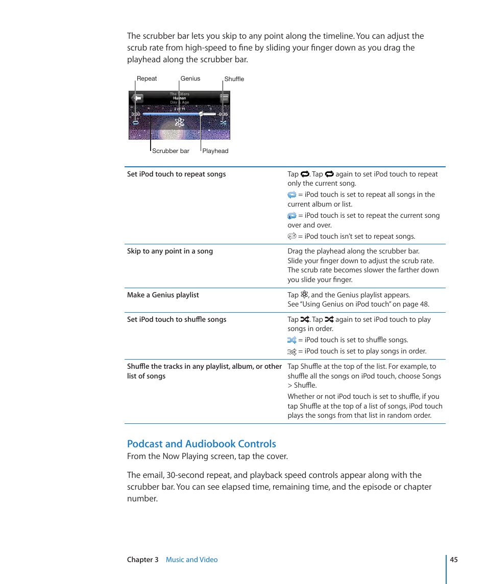 Podcast and audiobook controls | Apple iPod touch iOS 3.1 User Manual | Page 45 / 169
